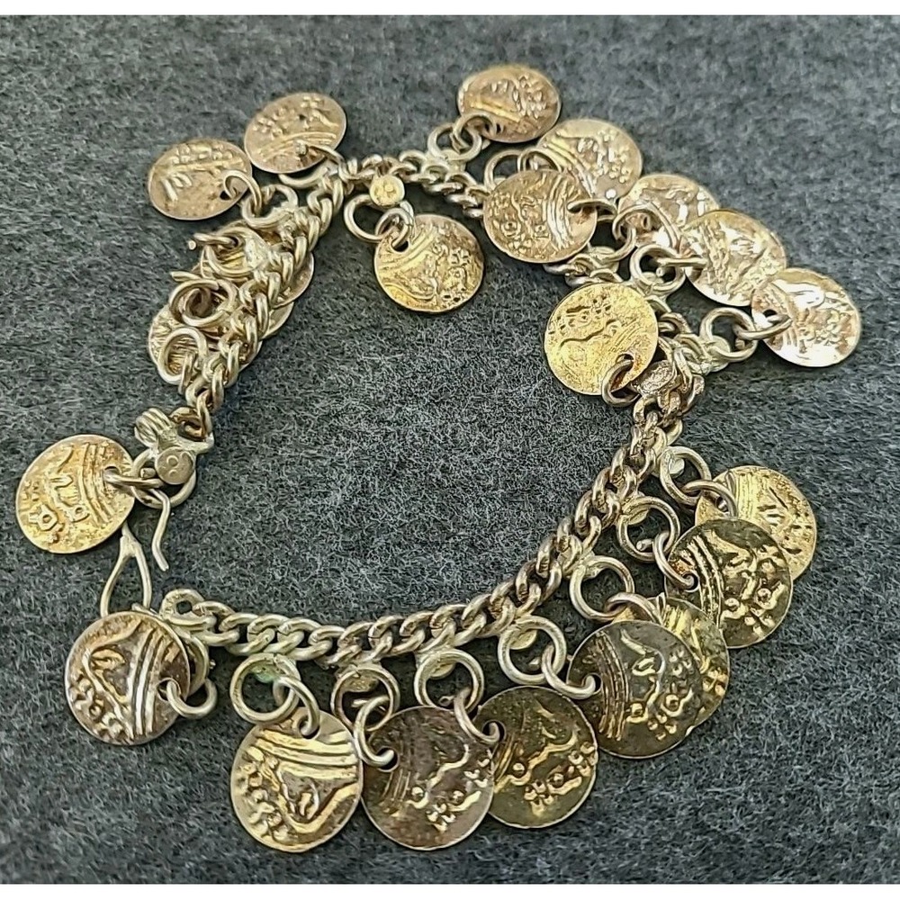Gold Tone Roman Coin Charm Bracelet Greco Medallion Double Chain 7in 31g